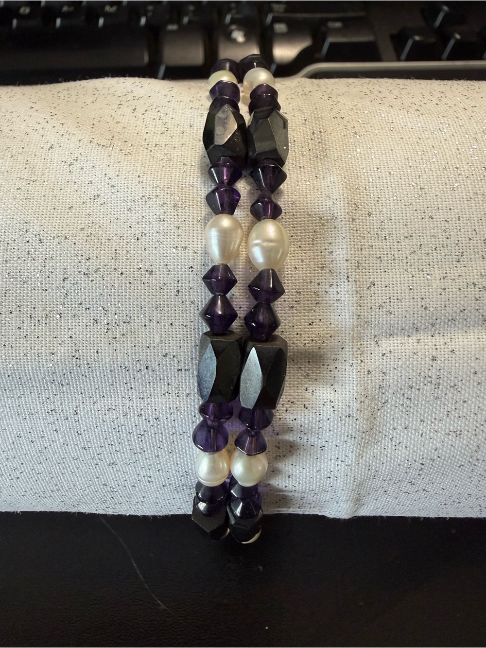 Purple & Pearl-Accent Women's Magnetic Bracelet 20-1/2” long
